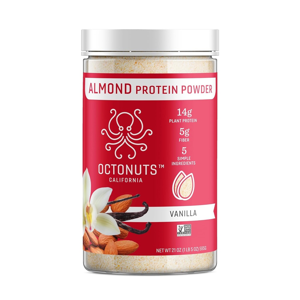 Octonutki Vanilla Almond Protein Powder 21oz – Rastlinski Veganski proteini – čista mešanica nizkih ogljikovih hidratov s 14g beljakovinami, 5g Fiber – Keto, Paleo, Gluten Free, Nemarin – Idealno za stresanje, napitke ali peko