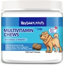 Zeliščni ljubljenčki Multivitaminski žveči z minerali in probiotiki, Izboljša imuniteto in plašč, Podpira prebave, zdravje možganov in srca, Okusna naravna raca aroma, Dog dodatki in vitamini, Pakiranje po 1
