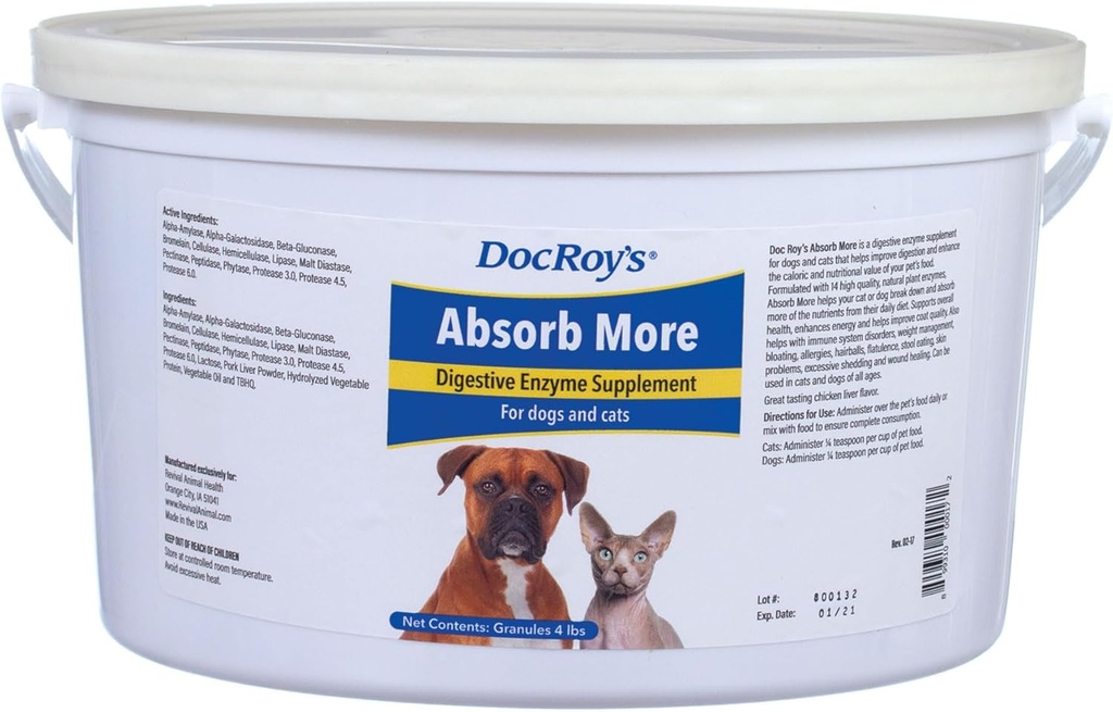 Doc Roy's Absorb Več - Prebavni encim dodatek - za pse in mačke - 4lb Granule