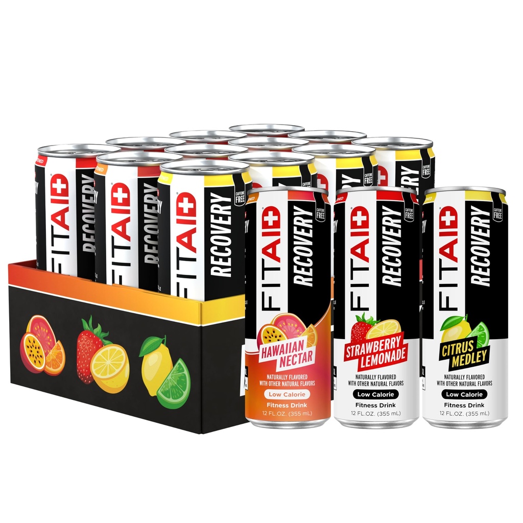 FITAID recovery mešanica, Variety Pack, BCAA, Glukozamin, Elektroliti, Omega-3s, Zeleni čaj, 100% čist, Paleo, Vegan & Gluten-free, naravno sladkane in arome, 12-oz. pločevinke (Pack of 12)