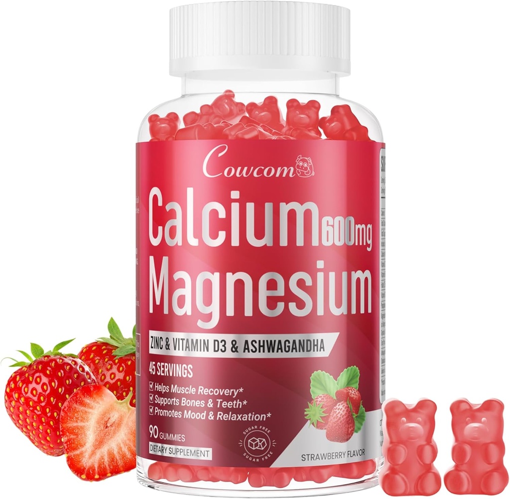 Kalcij Magnezijev cink Gumiji & vitamin D3,B6,B12,Imune & Podpora zdravje kosti Kalcij Magnezij Dopolnilo za ženske Moški,Sugar-free Vegan Jagoda Okus 90 Število