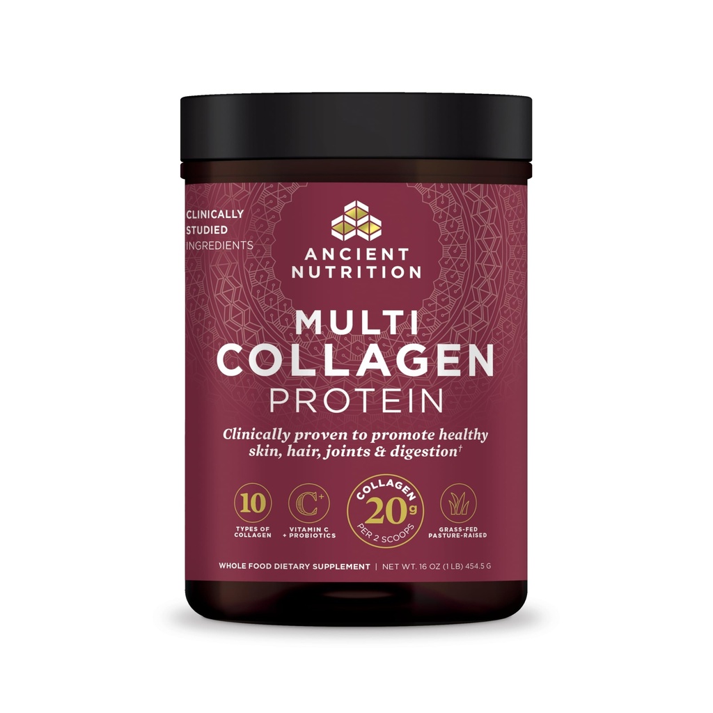 Ancient Nutrition Collagen Powder Protein with Probiotics, Unflavored Multi Collagen Protein with Vitamin C, 45 Servings, Hidroliziran Kolagen Peptides Podpira kožo in nohte, Gut Health, 16oz