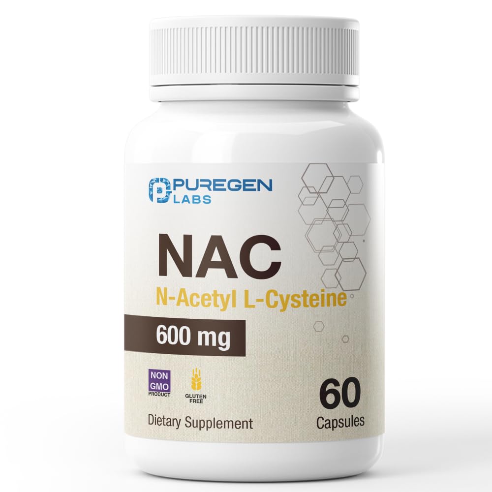 Puregen Labs N-acetil-L-Cysteine (NAC) 600 mg, dodatek za podporo antioksidantom, NAC 600 mg, Enostaven za absorpcijo - 60 vegetarijanskih kapsul