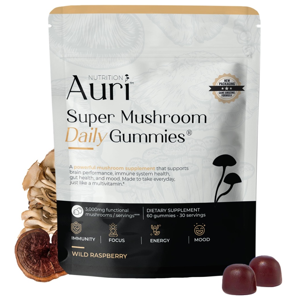 Auri Super Gobe Daily Gummies - All-in-One Daily Gobe dodatek Gummy - 12 Gobe Mešanica s Chaga, Levi Mane, Reishi, Cordyceps - 60 Gummies
