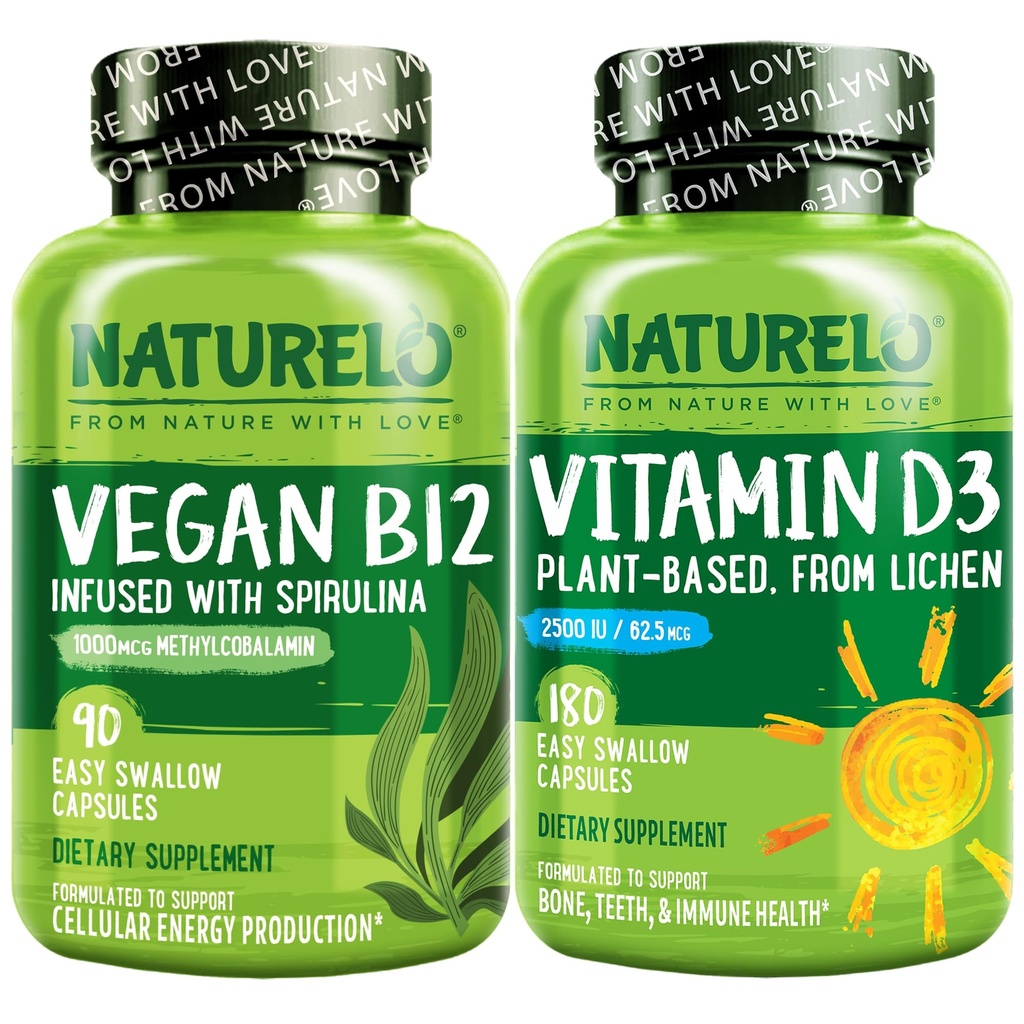 NATURELO Vitamin D - rastlina na osnovi Lichen - 180 Mini kapsul, Vegan B12, 1000 μg metilkobalamin - 90 kapsul