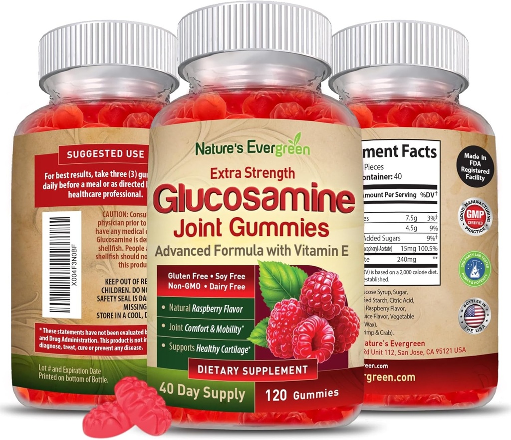Extra Strength Glucosamine Joint Support Gummy Supplement | Natural Joint Health Support & Flexibility for Back, Knees, & Hands | Vitamin E for Immune Support for Women & Men | 120 Gummies