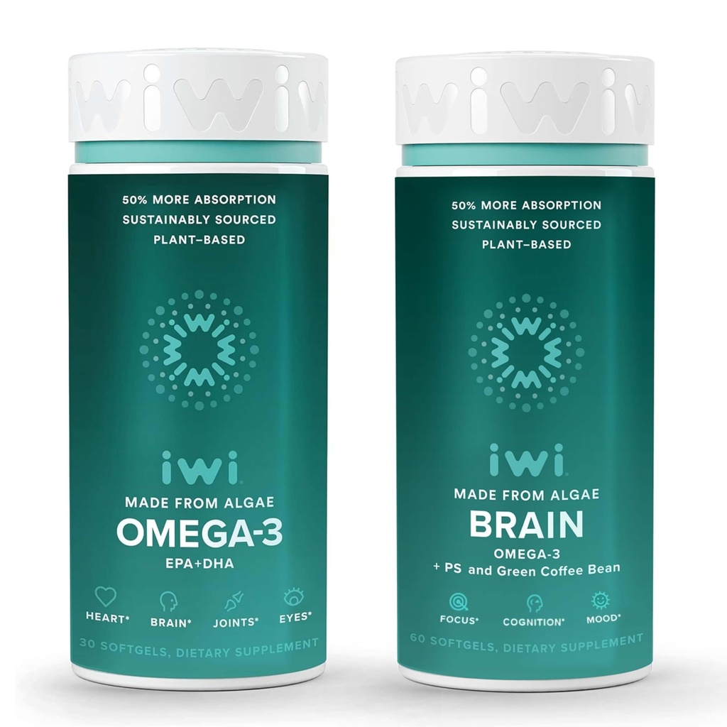 Iwi Omega-3 & Brain Omega-3 Bundle, 30 Serving, Veganska rastlinsko-bazen Algae Omega 3 z EPA + DHA, Krill in ribje olje Alternative, Brez ribjega pookusa
