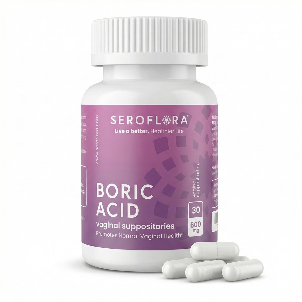 Seroflora Boric Acid Vaginal Suppository 600 mg 30 Kapsule - Tablete Boric Acid za ženske - Vaginalno zdravje pH Ravnotežje za ženske - podpira Vaginalne Odor nadzor. Narejena v ZDA.