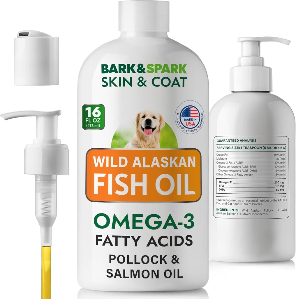 BARK&SPARK ribje olje za pse - naravna Omega-3-Skin & Coat podpora - Liquid Food Supplement for Pets-EPA+DHA Maščobne kisline za skupno delovanje, Imuno&Heart Health 16 (fl oz)-Sardine & Krill