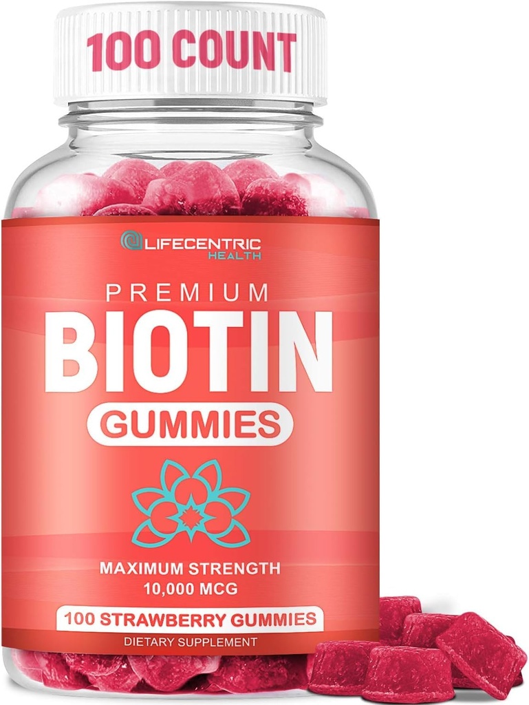 LifeCentric Health Biotin Gummies for Adults | Max Strength Biotin 10000mcg | Chewable Biotin Supplement for Women and Men | 100 Count Vegan Hair Gummies for Hair Skin and Nails