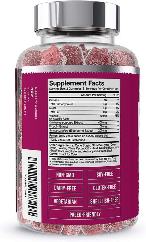 Essential Elements Elderberry Gumies za odrasle - 4-v-1 Imunska podpora Formula s Sambucus nigra, Vitamin C, Echinacea, Propolis Extract 60 Count