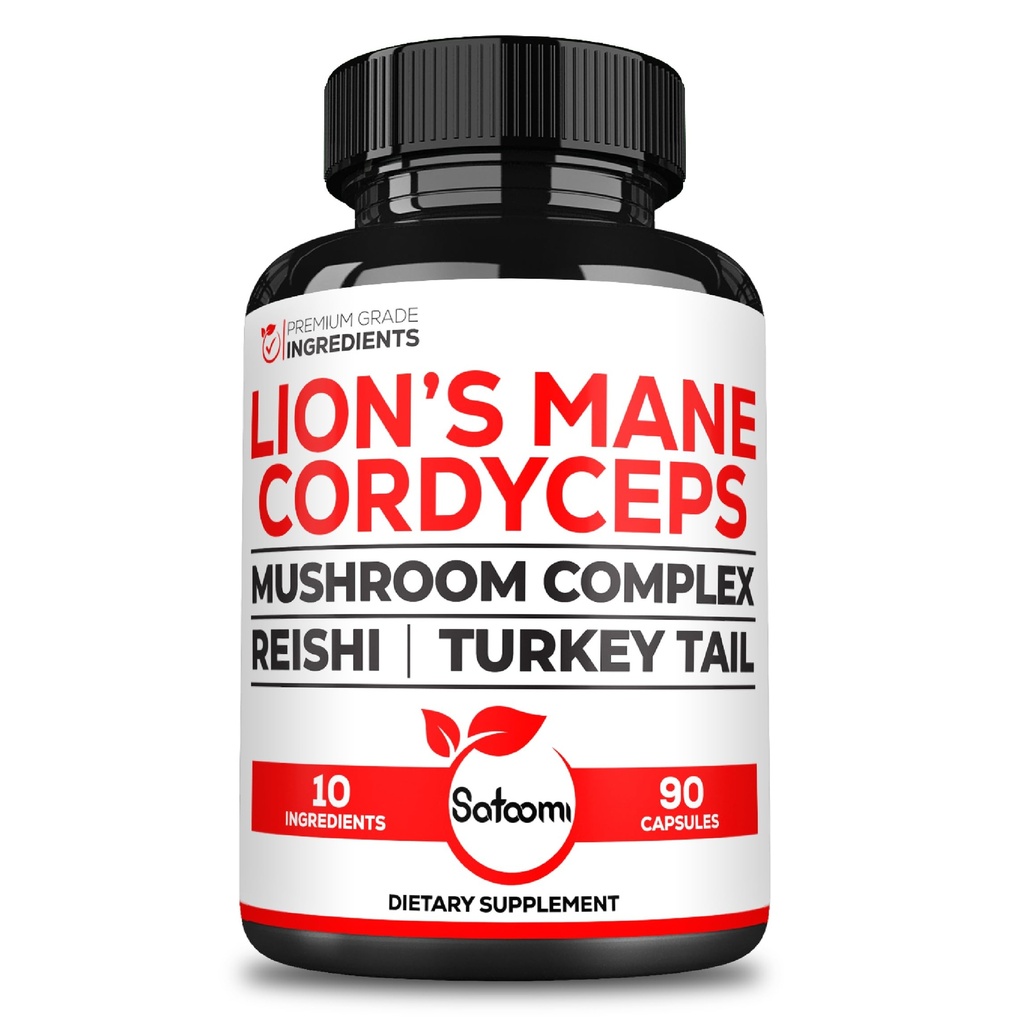Satoomi 10in1 Cordyceps Gobe dopolnilo - Pomešana z levi Mane, Turčija Rep gobe, Reishi gobe in drugo - 90 Kapsule za 90 Serving oskrbo