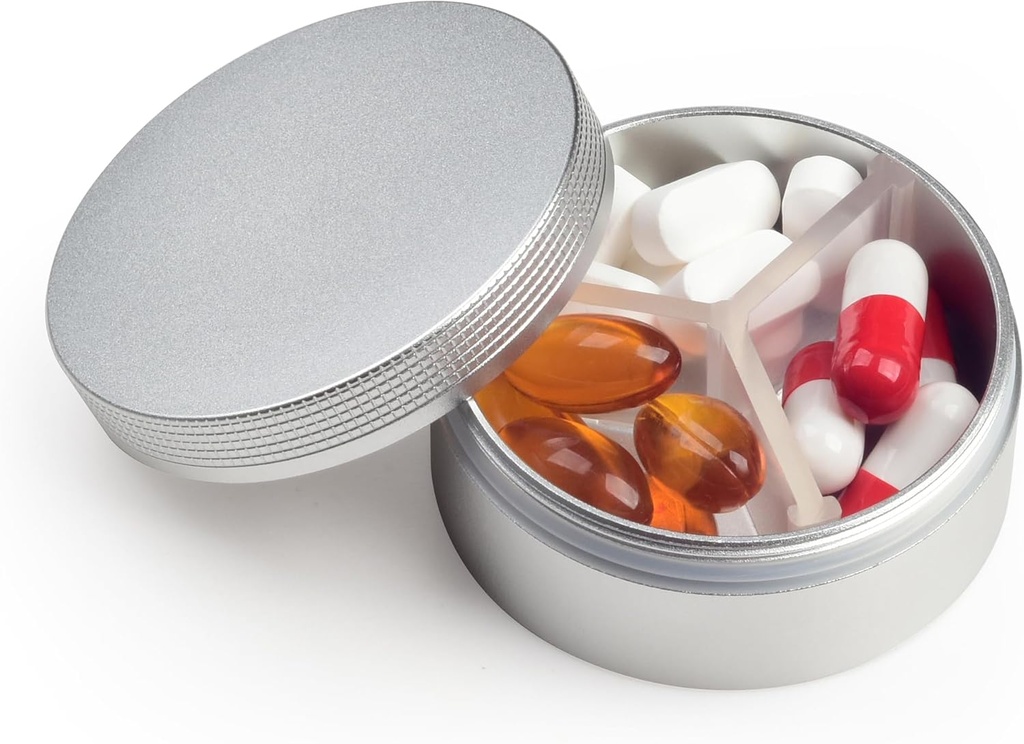 Primer majhne tablete 3 Kompartmaji, Metal Round Prenosne tablete Box, Vodoodporne tablete Organizator, Pocket Purse Medicine Vitamin Imetnik EDC vsebnik (Srebro)