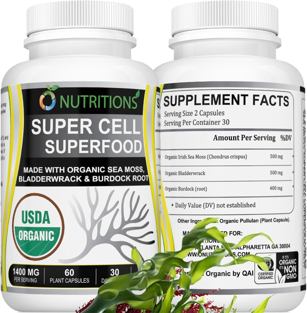 Sea Moss 60 kapsul USDA Certified Organic Irish Sea Moss kapsule z Bladderwrack & Burdock Root – Imunska podpora dodatek za moške in ženske – ženske vitamine in moške vitamine (1 pakiranje)