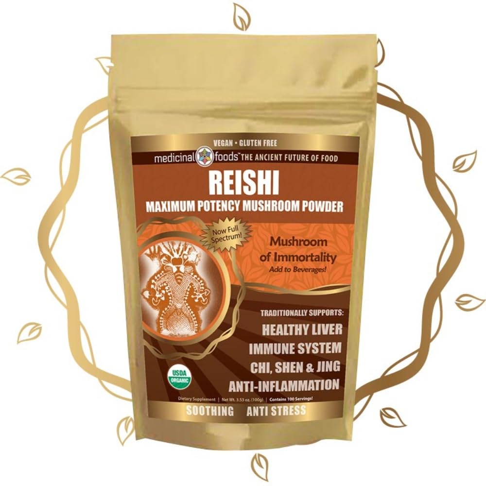 Medicina Živila Reishi Gobe Powder - Najvišja Potenca, Poln Spectrum, Pomirjujoče, Anti-stres, Za napitke in čaj, Organic, Vegan, Ne-GMO, Gluten-free (100 servies)