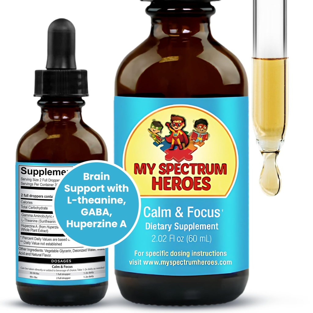 My Spectrum Heroes Calm & Focus Supplement Drops - Brain Support with L-teanin, GABA, Huperzine A - Izboljšaj fokus za otroke ali odrasle - Boost Koncentracija za otroke in najstnike - 2.02 FL oz. (60 ml)
