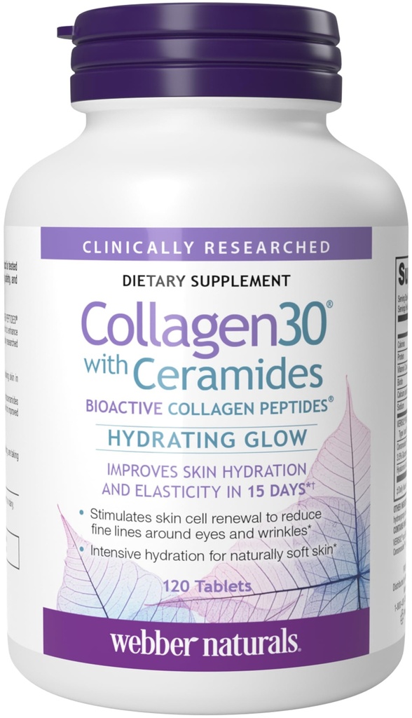 Webber Naturals Collagen30 s ceramidi, bioaktivnimi kolageni peptidi, 120 tablet, hidratorski preliv, pomaga izboljšati hidracijo kože, elastičnost in gladkost, ne gensko spremenjeni organizmi, mlečni izdelki in gluten brez