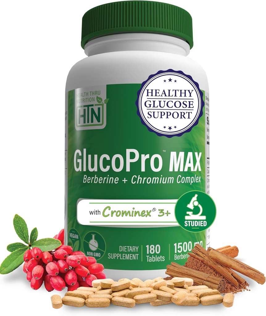 Health Thru Nutrition GlucoPro Max - z 1500mg Berberine, Chrominex + Chromium, in 1.000mg cimet 