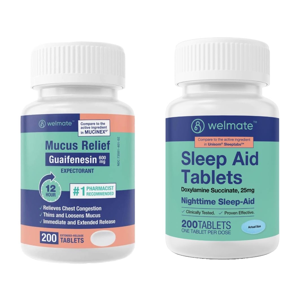 WELMATE nočno wellness paket: sluz Relief Guaifensin 600mg sluz Relief (200 Ct) & Doksilamin sukcinat 25mg pomoč v spanju (200 Ct) 