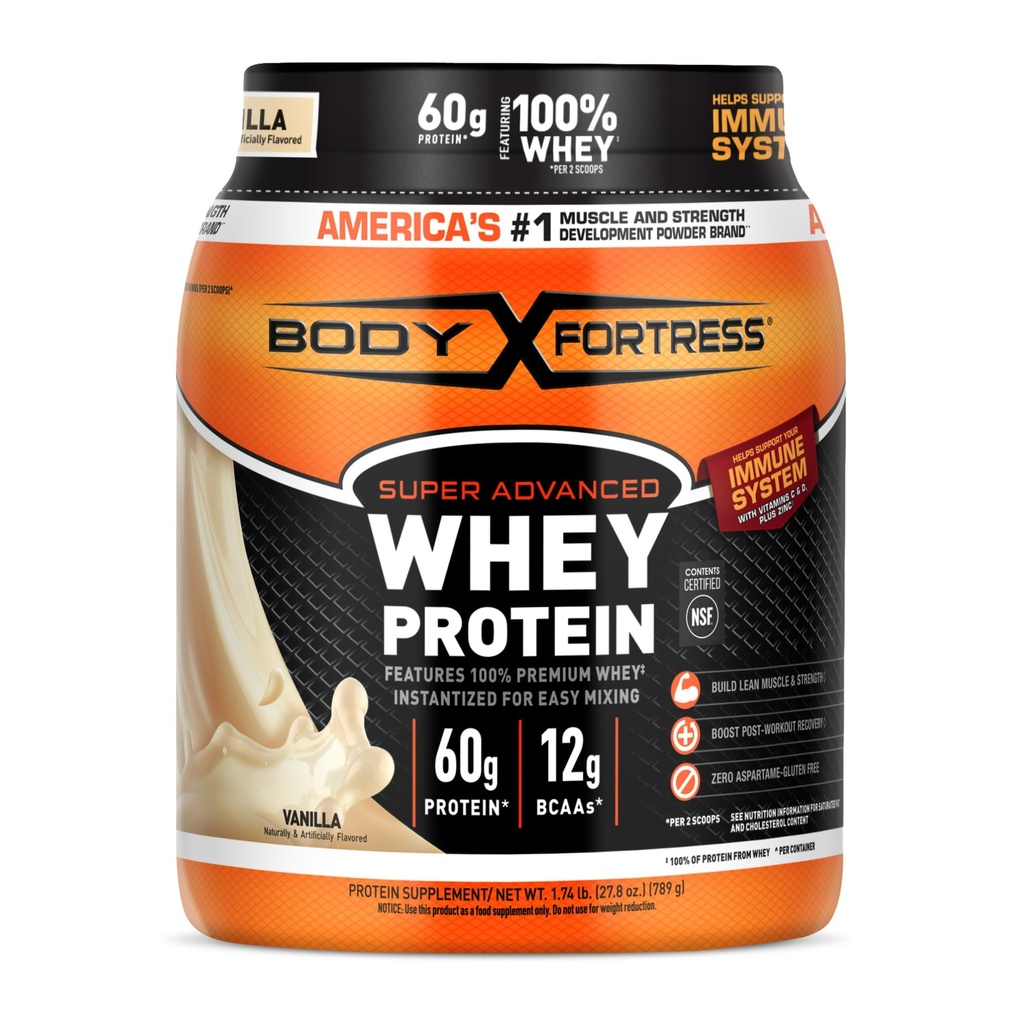Body Fortress Super Advanced Whey Protein Powder, Vanilla, Imunska podpora (1), Vitamini C & D Plus cink, 1,74 lbs