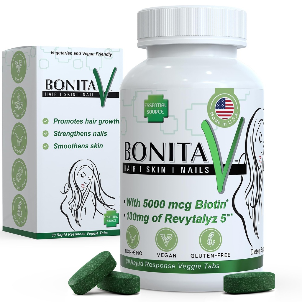 Essential Source Biotin (Biotina Vitaminas) - Hair Skin Nails Vitamini za ženske in moške - 5000 μg - Podpora za rast las - 30 tablet - z Revytalyz 5, Vitamin A, C, B12 - Made in USA