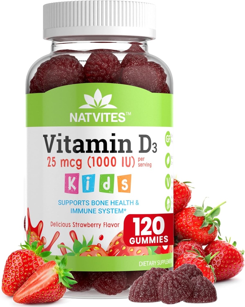 Vitamin D3 Gumiji za otroke - Vitamin D 1000 i.e. pektin Gummy - Jagodne arome - Dodatek za zdravje kosti in imunske podpore - Ne-GMO, Gluten Free, Vegan, Nut & Dairy Free - 120 Število (Pack of 1)