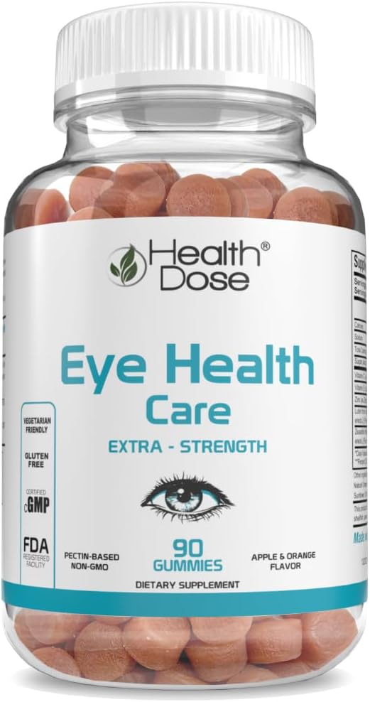 Zdravje Dose Eye Health Care Vitamini z Lutein Zeaksantin podporo oči sev, suhe oči in vizualno zmogljivost Apple & Orange Flavor 90 Gummies.