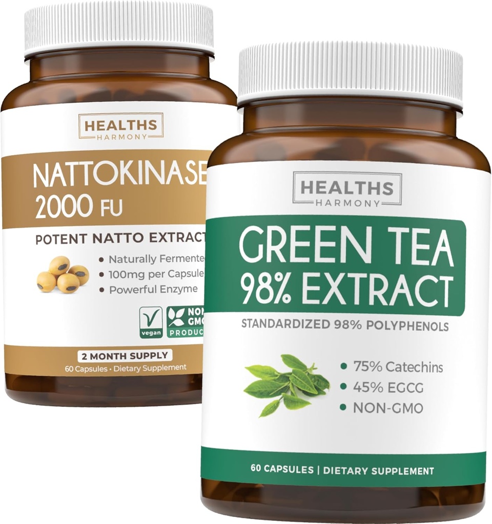 Nattokinase & zeleni čaj (1-mesečna zaloga) Energy Boost Bundele - Nattokinase 2000 FU Zmogljiva naravno fermentirana soja (60 kap) & izvleček zelenega čaja 98% z EGCG (Non-GMO) Naravna presnova Boost
