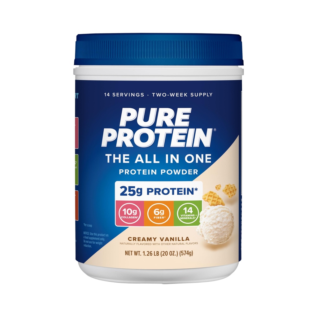 Čisti Beljakovine All-In-One Prašek, Vanilla - Whey & Collagen, visoke vlaknine, vitamini, brez dodanega sladkorja, ne-GMO, Gluten-free, 1,25lb
