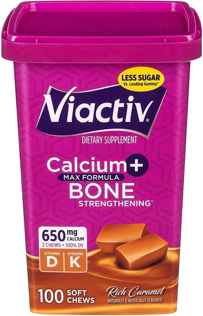 Viactiv Max Formula Kalcij +Vitamin D3 Dopolnilo za zdravje kosti, Bogata karamela, 100 Soft Chews