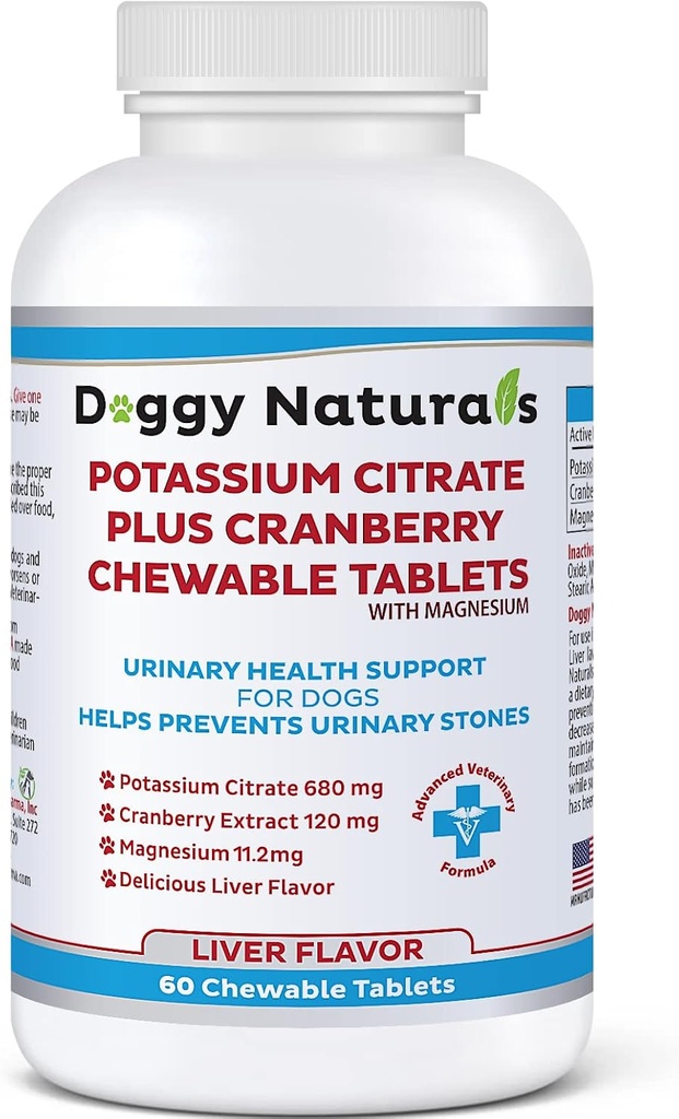 Kalijev citrat Plus Cranberry z magnezijevim dodatkom za pse (60 tablet) - Podpora za servotrakt - pomaga deter formacijo kalcijevega oksalata kamen-deters Bladder & Ledvični kamen (narejeno v ZDA)