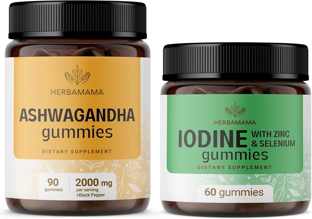HERBAMA Ashwagandha in Jodine Kit - paket 2000 mg Ashwagandha Root & Kalijev jodin, cink in selen Gumies - Vegan, Non-GMO, Želatina-free - 2 paket