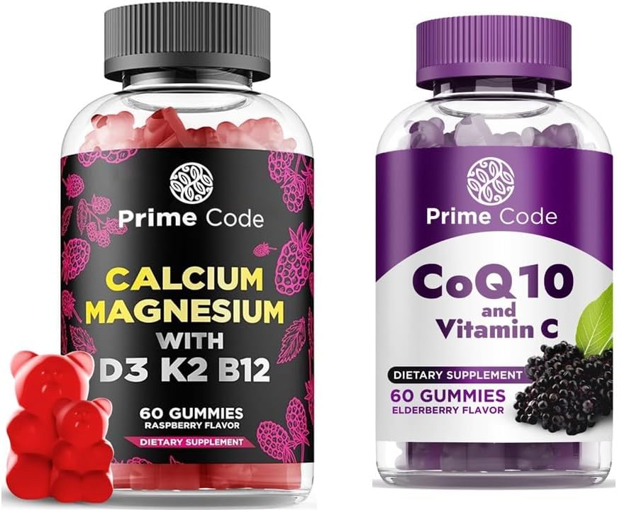 Prime Code kalcijevi gumiji za ženske in moške z magnezijevim vitaminom B12 Vitamin K2 & Vitamin D3, CoQ10 200mg & Vitamin C 250mg