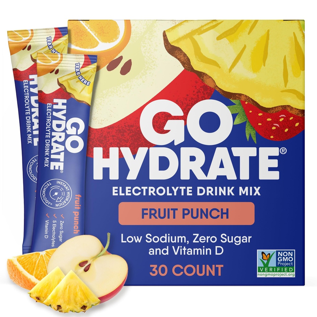 GoHydrate Instant Hydration Powder Packets - Nizki natrijevi elektroliti Drink Mix - naravna Hydration Podpora, Sladkor brez dodanega elektrolita v prahu pijača z vitaminom D, 30 Packs, Sadni Punch