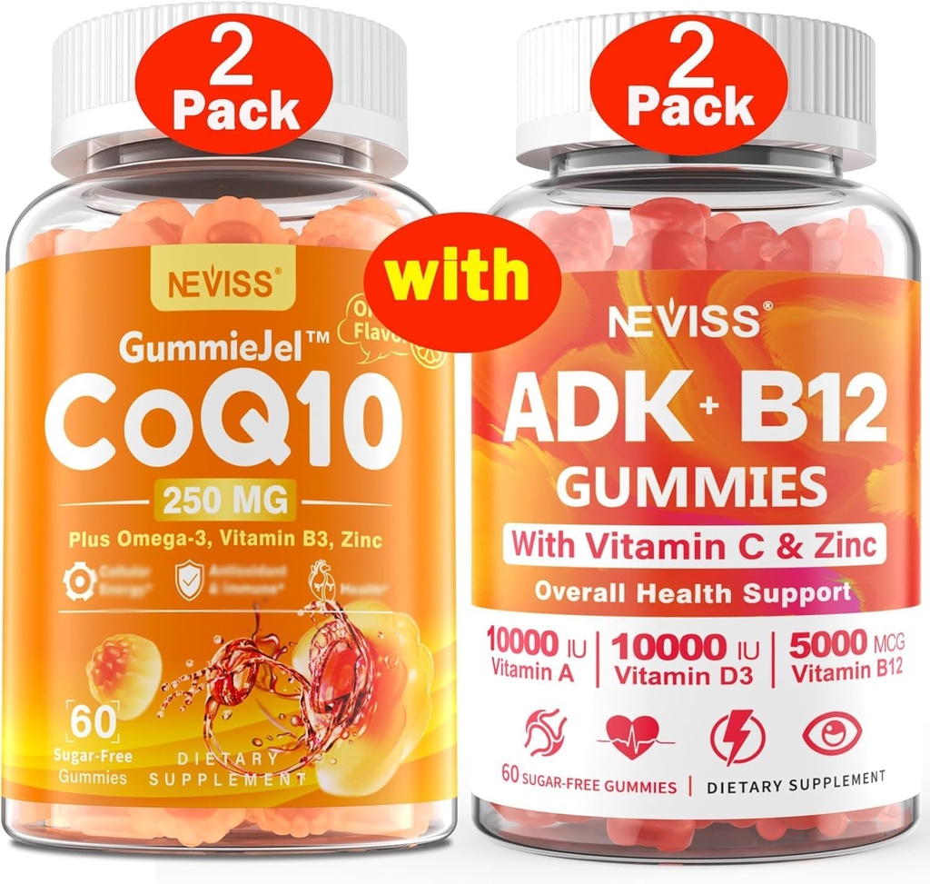 NEVISS 2Pack CoQ10-250mg Polni gumiji + 2Pack Vitamin ADK z B12 Gummies