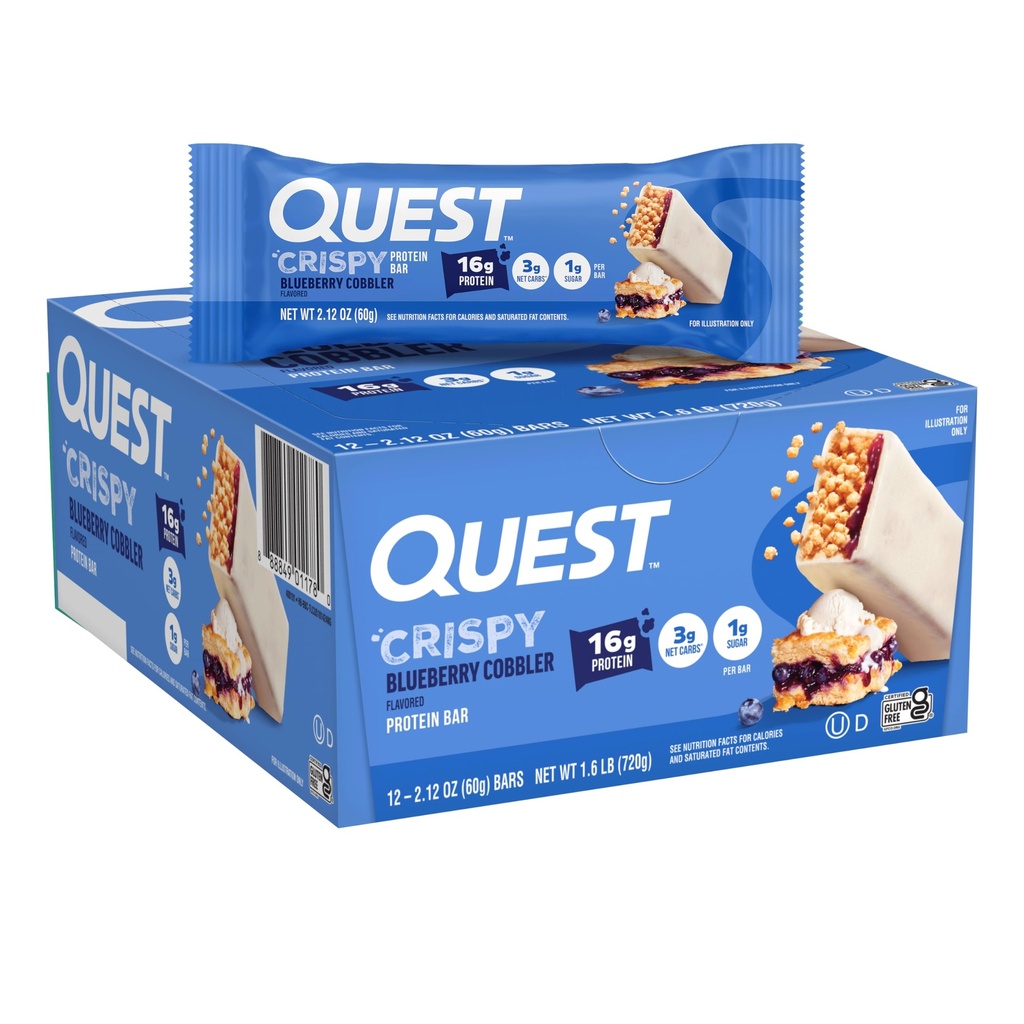 Quest Nutrition Crispy Blueberry Cobbler Hero Protein Bar, 16g Beljakovine, 1g sladkor, 3g neto Carb, prigrizek brez glutena, Keto prijazno, 12 Count
