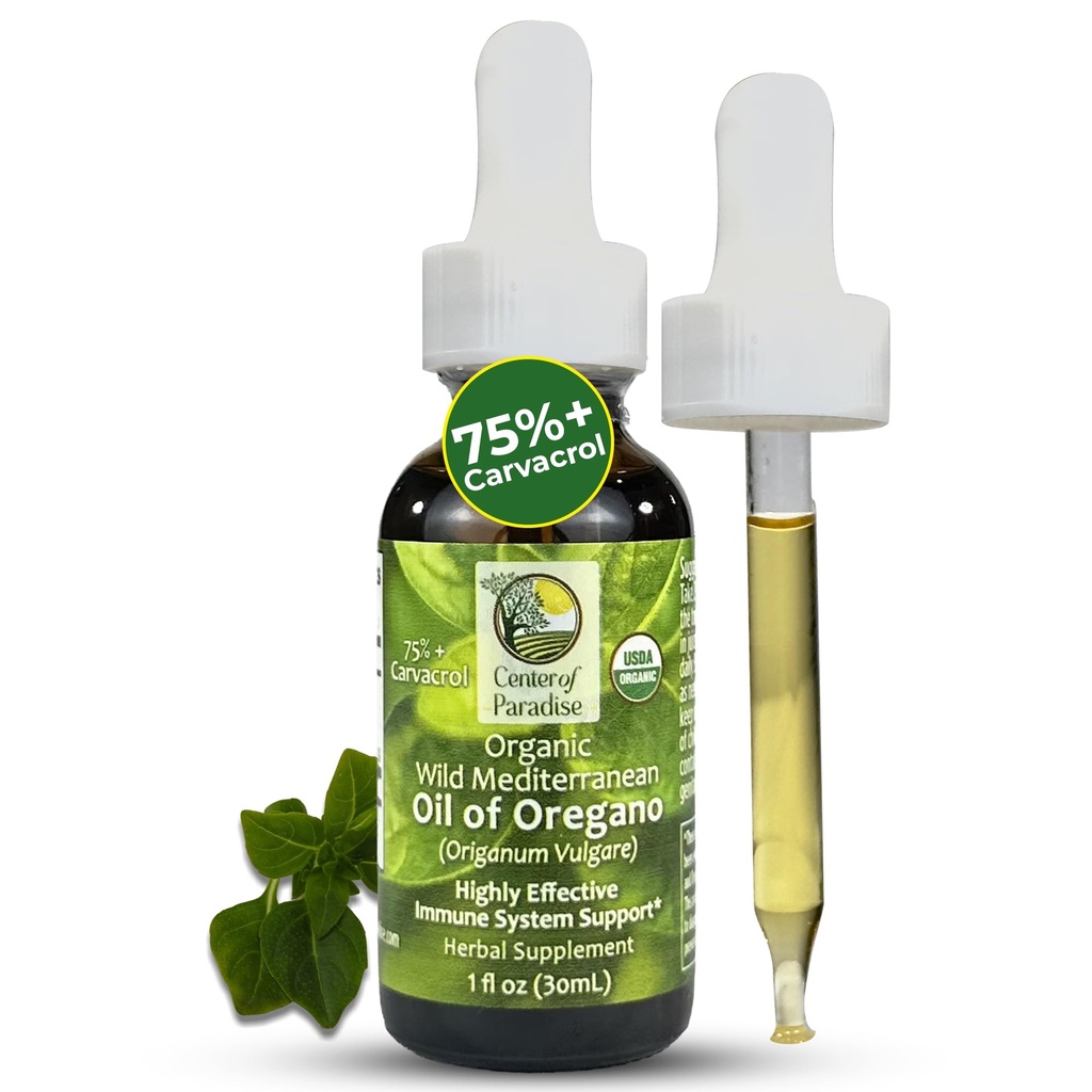 Center Paradise Wild Mediterranean Oil of Origano s 75%+ Carvacrol (1 fl oz) Certified Origano Oil Organic Kapljice v ekstra Deviško oljčno olje za imuno* in dihala* Podpora, Pribl. 450 Serving