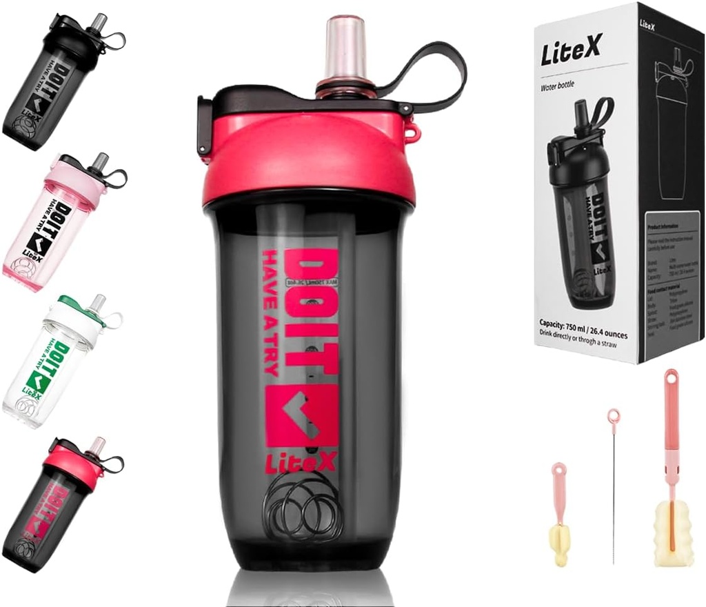Litex Shaker steklenice za stresanje beljakovin, 26oz Blender Shaker steklenica za predworkout,Shaker pokali s slamo, BPA brez Tritan mešalne steklenice za Beljakovinski prašek, s krtačo in navodila (Rose rdeče)