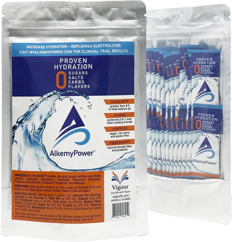 AlkemyPowerTM Hidracija Elektrolit v prahu, brez sladkorjev, soli, ogljikovih hidratov, arom ali kalorij, 100% naravna, priročna pack, 30 Število
