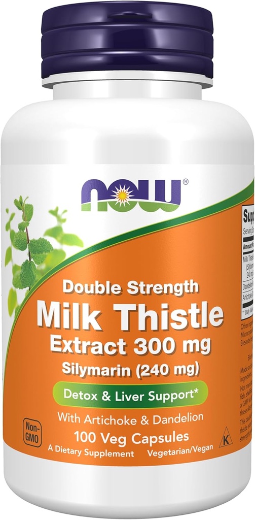 NOW Foods Supplements, Silymarin Milk Thistle Extract 300 mg z Artichoke in Dandelion, dvojna moč, podpira delovanje jeter*, 100 Veg kapsule