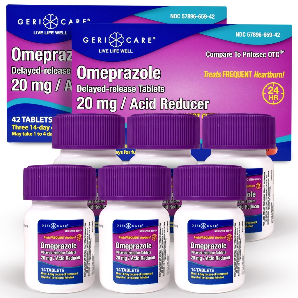 GeriCare Omeprazol Zapoznelo sproščanje Tablete 20 mg Tablete za zmanjševanje želodčne kisline za 24 ur zgage Relief- kislina Reflux Medicina za zdravljenje pogostih zgaga- proti acid Relief tablete 42 Število (2 paket)
