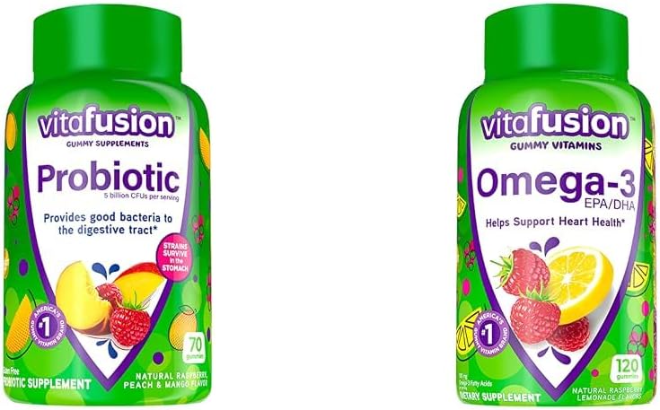 Vitafusion Probiotic Gummy dopolnila, Raspberry, Peach in Mango Okusi & Omega-3 Gummy vitamini, Berry limonada aromatizirana, zdravje srca vitamini(1) z Omega