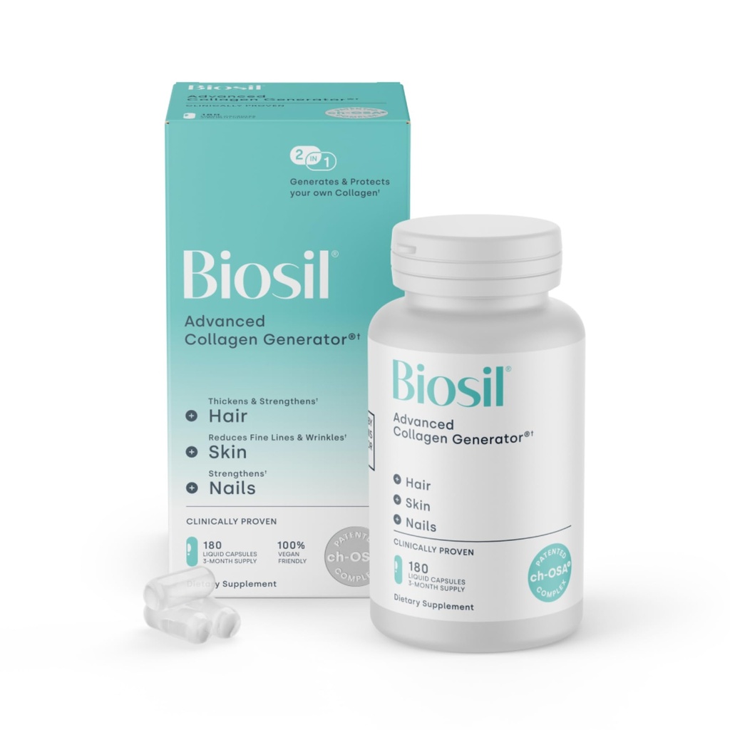 Biosil Colagen Booster Supplement - 180 Tekočih kapsul - Patented ch-OSA Activator za kožo, lase, nohte in sklepe - Podpira naravno proizvodnjo - 90-dnevno oskrbo