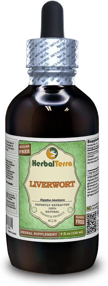 Liverwort (Hepatica Americana) Glycerite, Dried Herb Alcohol-Free Liquid Extract (Brand Name: HerbalTerra, Proudly Made in USA) 4 fl.oz (120 ml)