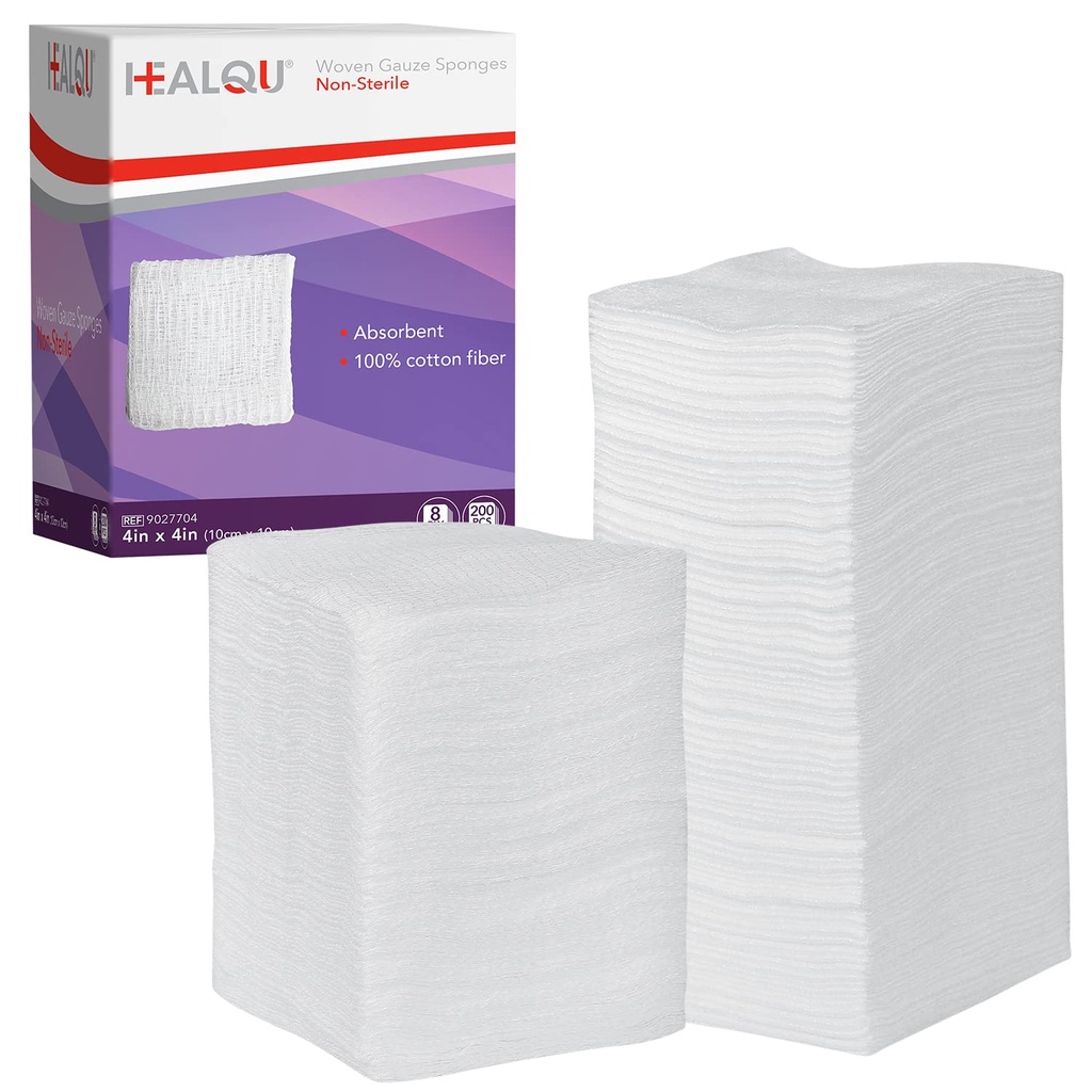 HEALQU 4x4 Gaze Pads - 12 Ply Tkani paket 200 - Ultra absorbent mehke nesterilne kirurške sponge za obleko, Razveza, Čiščenje in priprava