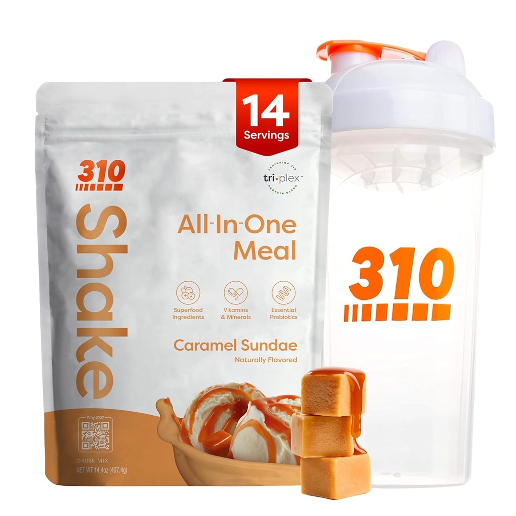310 Nutrition All-in-One Mechange Shake Powder w/Shaker Cup Starter Kit - High Protein Fiber Rich Vegan Superfood Mešanica - Sugar-free, Keto & Paleo Friendly, Low Caramel Sundae 14 srv