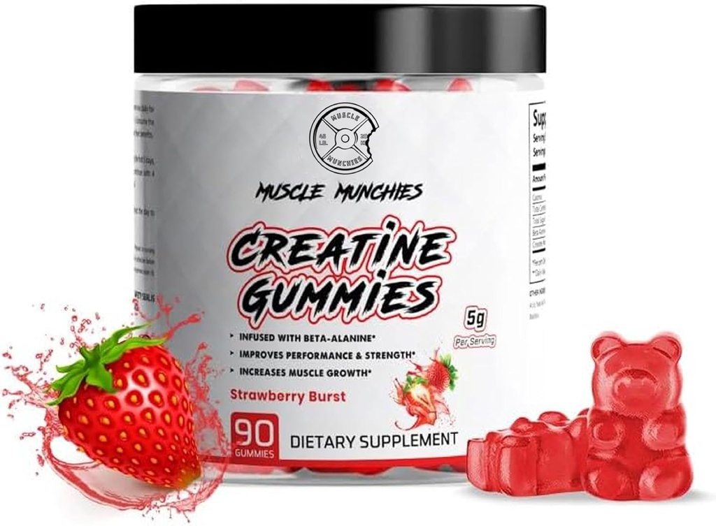 Mišice Munchies Kreatin žvečljivi žvečilni gumiji za moške in ženske-infundirani z beta Alanine-5g kreatin na serviranje-poveča moč, vzdržljivost, & recovery-Vegan, NonGMO (Strawberry Burst)