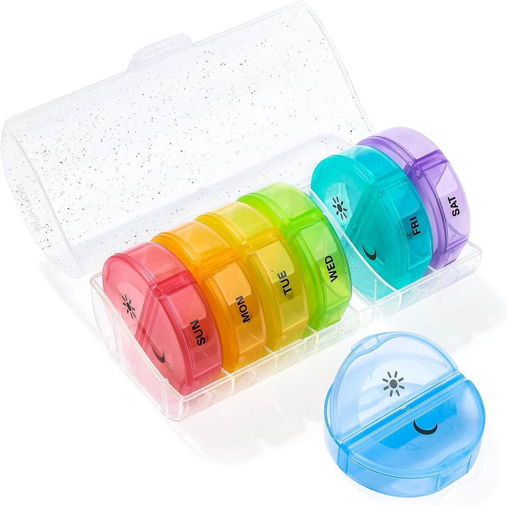 Sukuos velike tedenske tablete Organizator 2 krat na dan, Daily Pill Box 7 dan Enostaven za odpiranje z dvojno zaščito, AM PM tablete Primer za medicino/vitamin/ribje olje/dodatek (Glitter Clear)