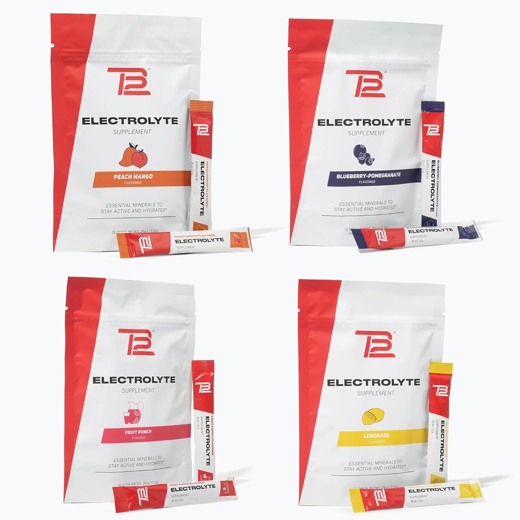 TB12 Elektrolit Powder za hitro hidracijo Tom Brady, 4-Pack Stickpacks (Lemonade, Blueberry Pomegranate, Fruit Punch & Peach Mango), naravni, enostaven za mešanje. Nizek sladkor, nizko kalorie (60 serving)