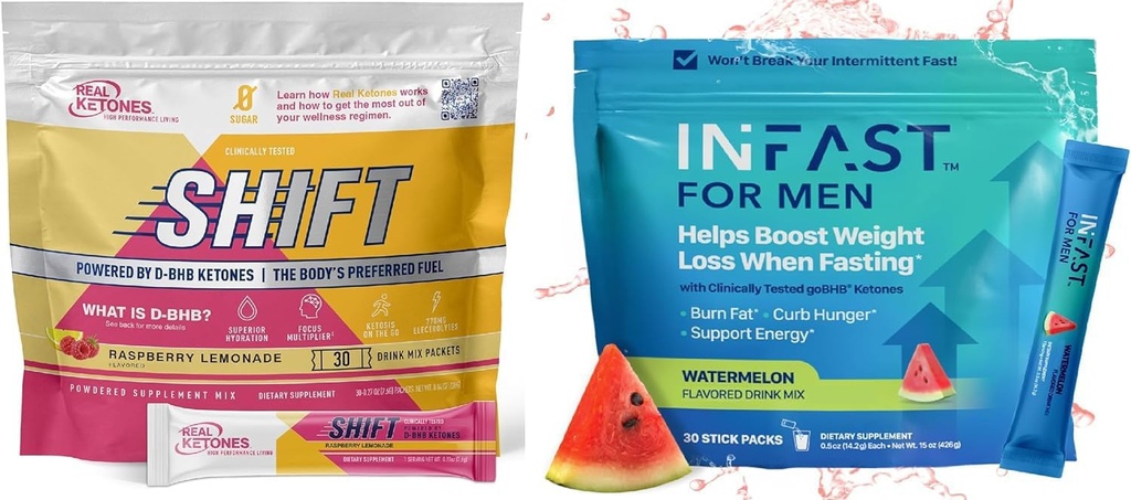 Real Ketones Intermitent Fasting Drink Mix Bundle za hujšanje Podpora Raspberry Lemon Shift Elektroliti & Intermittent Fasting Elektroliti za moške z BHB Exogene Ketones (30 Count vsak)